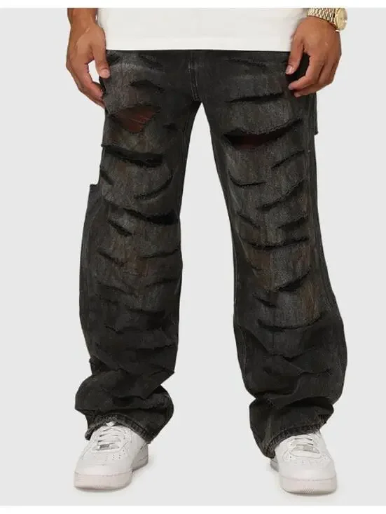 MNML Men's Ultra Baggy Thrashed Denim Jeans - Black Size 42 - Picture 1 of 6